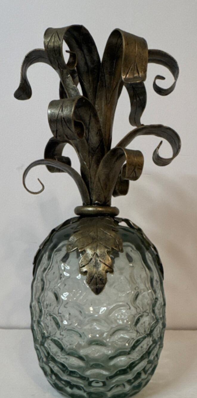 Vintage Glass & Metal Pineapple Sculpture Green Bronze Fruit Freestanding Matte